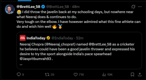 Brett Lee Responds to Neeraj Chopra's Javelin Throw Suggestion with Humor and Humility