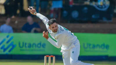 Keshav Maharaj celebrates a wicket against Zimbabwe