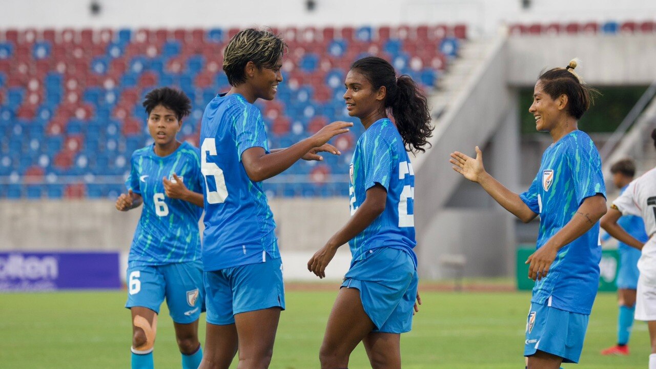 Manisha Kalyan celebrates one of her two goals against Timor-Leste.
